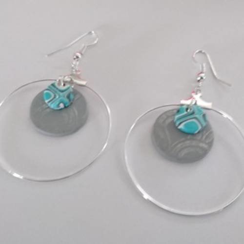 Boucles d'oreilles en fimo ring gris et vert 