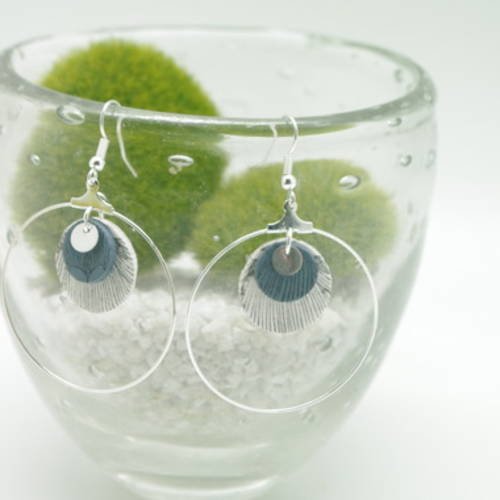 Boucles d'oreilles en fimo ring marine et blanc impressions argentees 