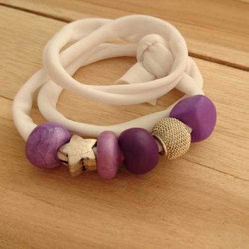 Bracelet 4 en 1 creapam en lycra blanc et argile polymère violette 