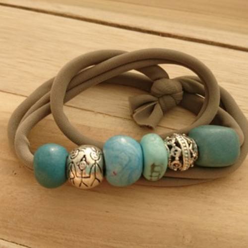 Bracelet 4 en 1 creapam en lycra  taupe et argile polymère bleu canard 