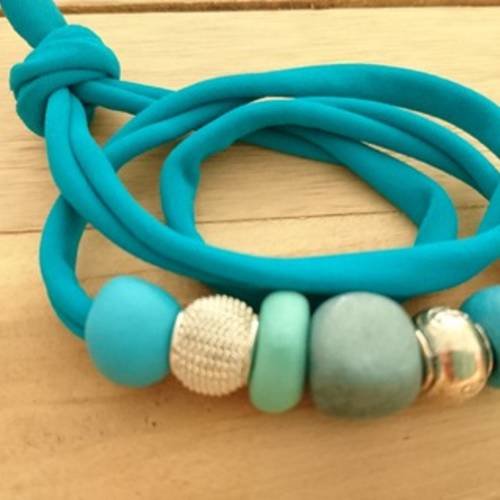 Bracelet 4 en 1 creapam en lycra turquoise et argile polymère bleue 