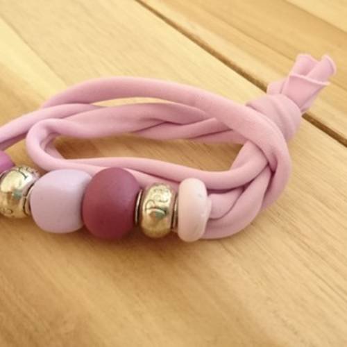 Bracelet 4 en 1 creapam en lycra  rose/mauve et argile polymère  mauve et blanche 