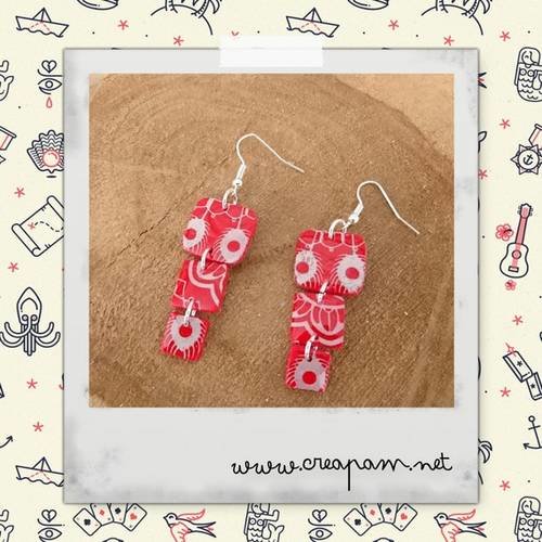 Boucles d'oreilles luna  square rouge et argent en fimo 