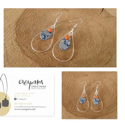 Boucles d'oreilles en fimo ring gouttes gris et orange impressions bleues 