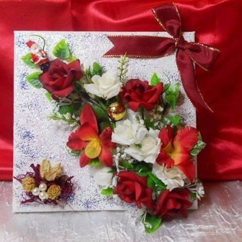 Tableau d'art floral fleurs couleurs blanches rouge artificielles noël 