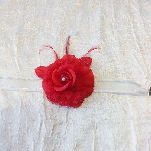 Collier ruban fleur rose rouge "cortège mariage