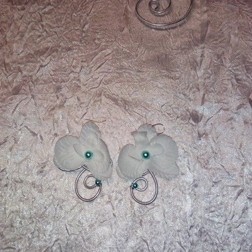 Boucles d'oreille orchidée et fil alu couleur argenté et perle turquoise 