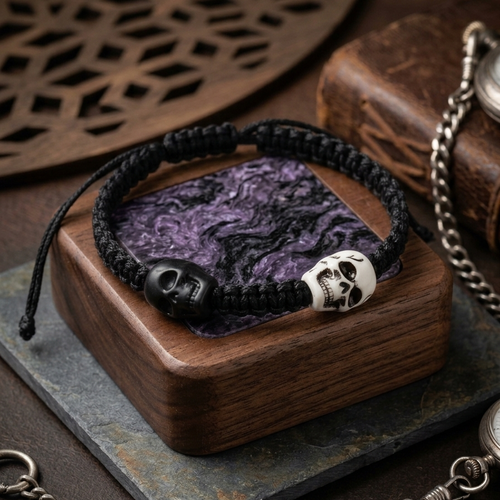 Bracelet homme macramé tête de mort duajulité (noir & blanc) – style gothic, rock & viking
