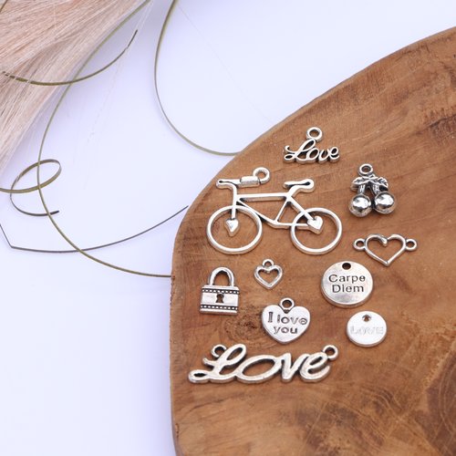 Lot de 10 breloques thème amour en métal argenté