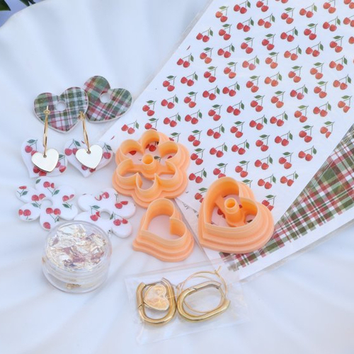 Kit outils pâte polymère cerises et cœurs boucles d'oreilles acier inoxydable