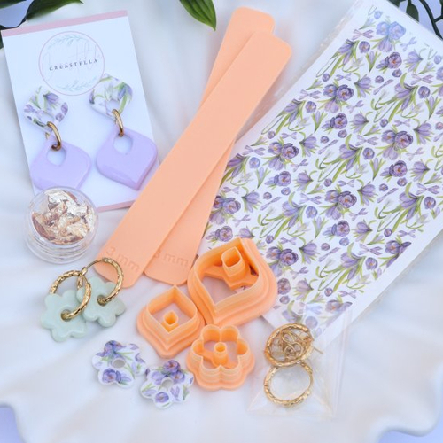 Kit outils pâte polymère floral mauve boucles d'oreilles acier inoxydable