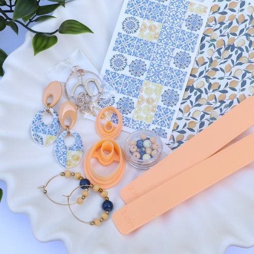 Kit outils pâte polymère boucle d'oreilles citron et azuléjos acier inoxydable
