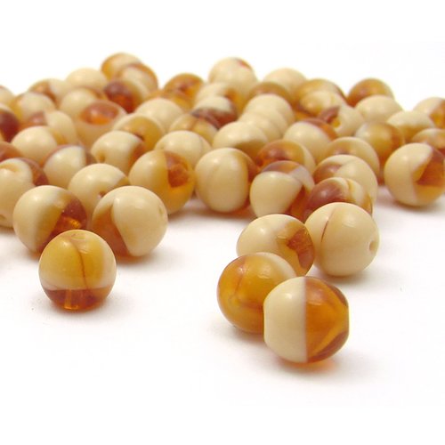 10 perles en verre tchèque 8 mm couleur ambre et ivoire ancien