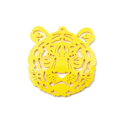 2 breloques en résine ajourée tête de tigre 50mm jaune