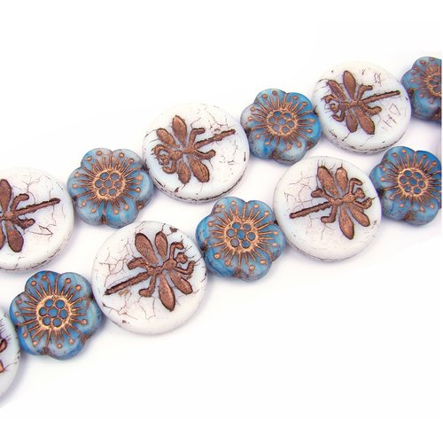 2 perles en verre tchèque 1 libellule 23mm + 1 fleur bleue 18mm