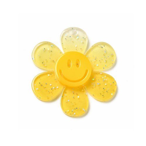 1 breloque fleur souriante en résine 30mm jaune