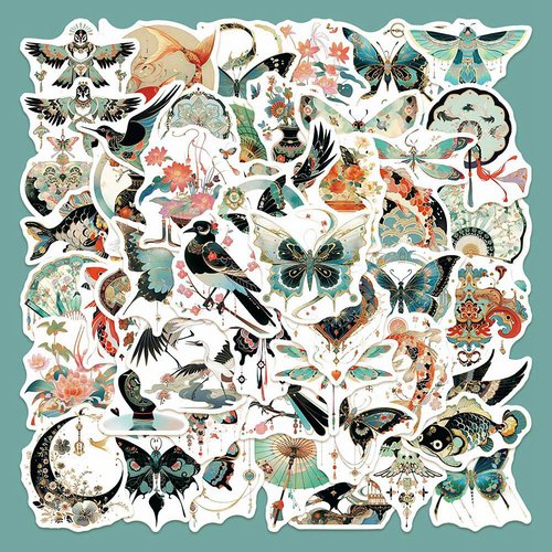 50 stickers poissons papillons oiseaux ombrelles style oriental scrapbooking