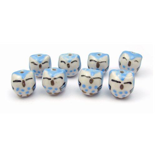 8 perles en céramique chouettes 13mm bleu ciel