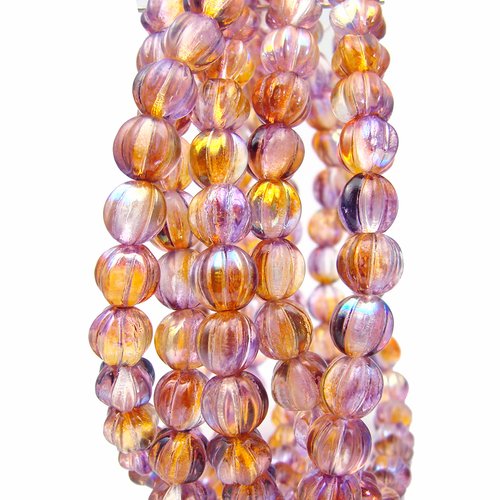 10 perles en verre tchèque 8 mm melon rondes ambre et violet