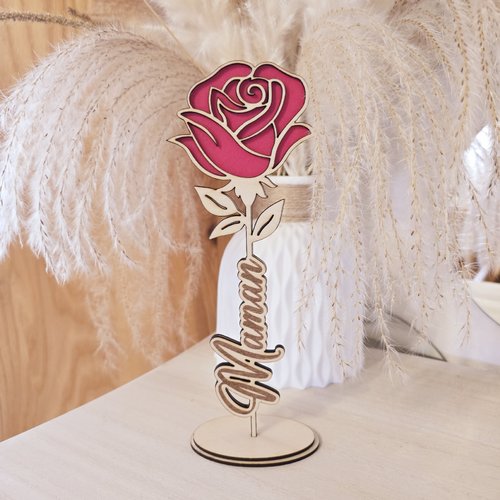 Rose en bois gravée – "maman" - rouge