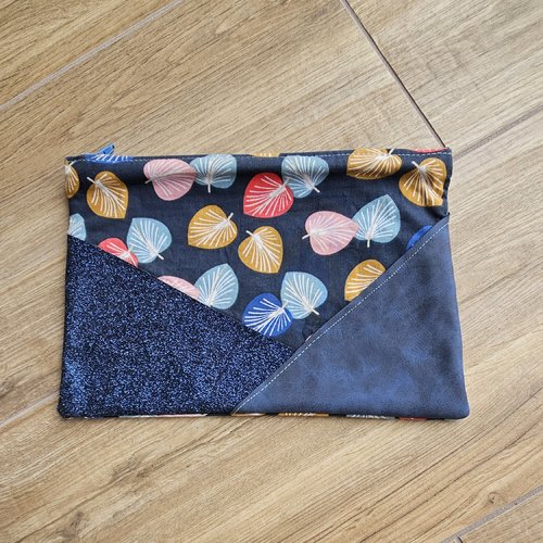Pochette en coton imprimé, similicuir et paillette