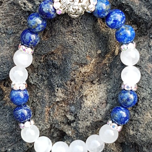 Bracelet lion en lapis lazuli et jade blanc 8 mm