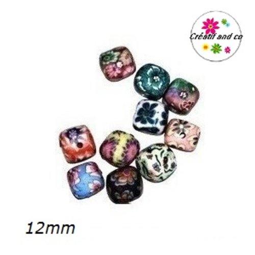X12 perles carrées fimo et strass 12mm
