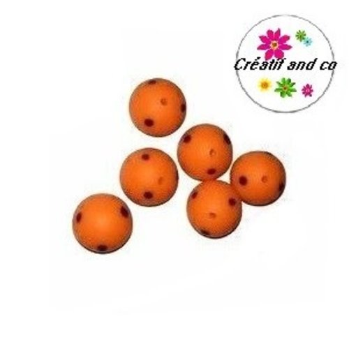 Perle ronde orange pois marron fimo 14mm