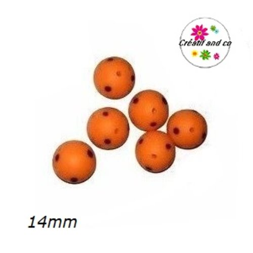 Perle ronde orange pois marron fimo 14mm