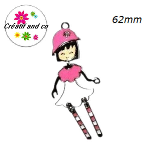 Pendentif petite fille articulée rose/blanc  62mm