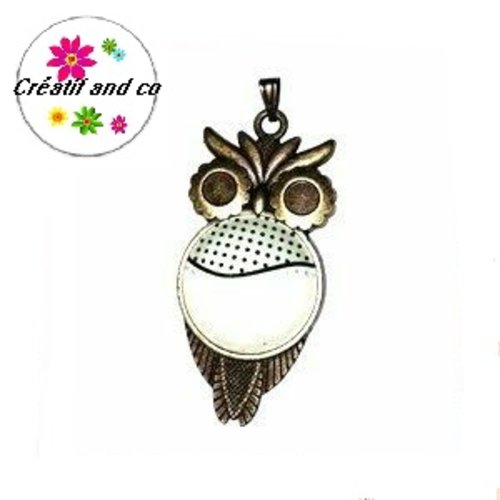 Pendentif hibou bronze et son cabochon beige et kaki clair