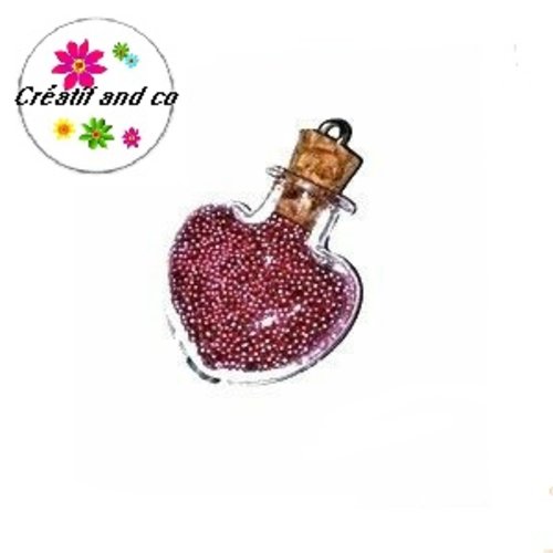Pendentif fiole coeur micro bille fuchsia