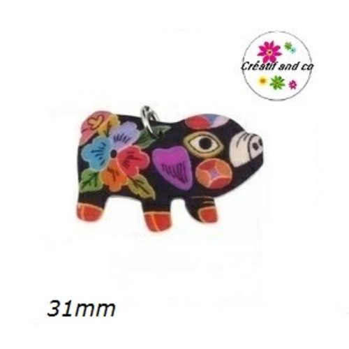 Breloque cochon noir à motif coloré 31mm