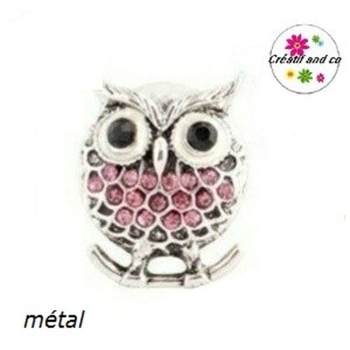Bouton pression hibou métal et strass rose