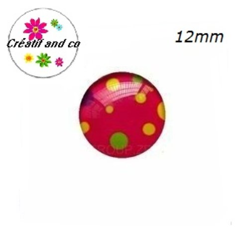 X2 cabochons en verre fuchsia pois 12mm