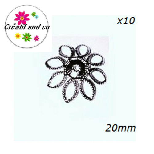 X10 calottes coupelles fleurs argentées 20mm