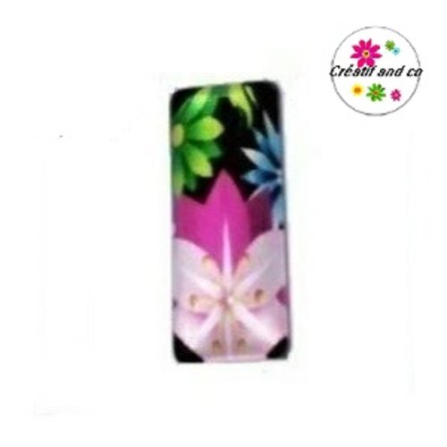 X2 cabochons rectangles colorés fleuris 10x25mm