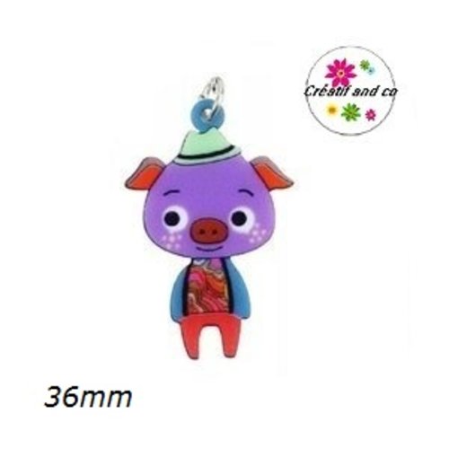Breloque cochon tête mauve coloré 36mm