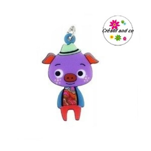 Breloque cochon tête mauve coloré 36mm