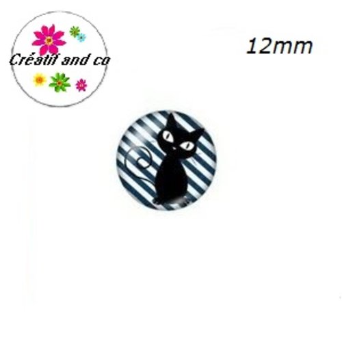 X2 cabochons chat noir fond bleu foncé/blanc rayé 12mm