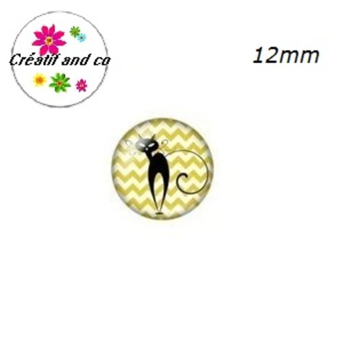 X2 cabochons chat noir fond vert/blanc 12mm