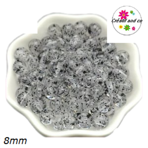 X10 perles rondes acryliques transparentes paillette noir 8mm