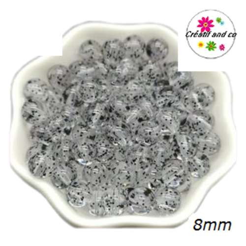 X10 perles rondes acryliques transparentes paillette noir 8mm
