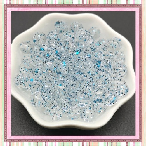 X10 perles rondes acryliques transparentes paillette bleu 8mm