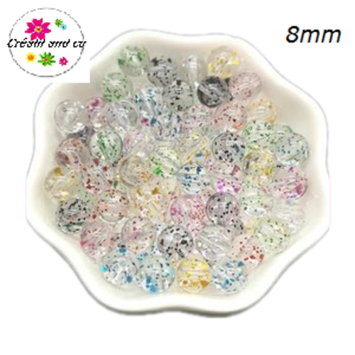 X10 perles rondes acryliques transparentes paillette mix couleur 8mm