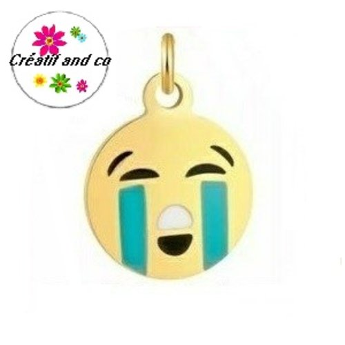 Petit pendentif smiley qui pleure acier inoxydable doré émaillé