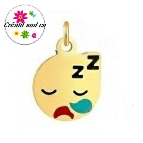 Petit pendentif smiley qui dort acier inoxydable doré émaillé