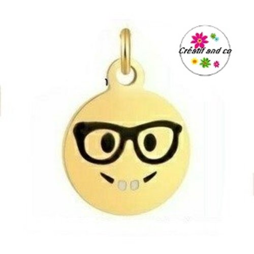 Petit pendentif smiley à lunette content acier inoxydable doré émaillé