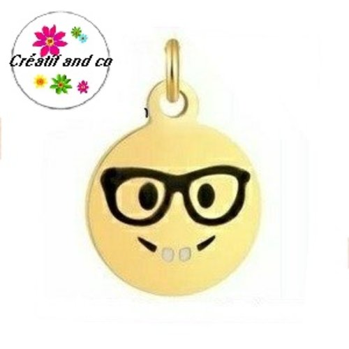 Petit pendentif smiley à lunette content acier inoxydable doré émaillé