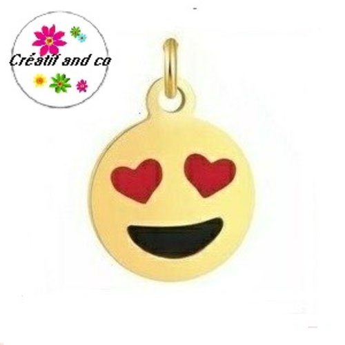 Petit pendentif smiley yeux coeur acier inoxydable doré émaillé